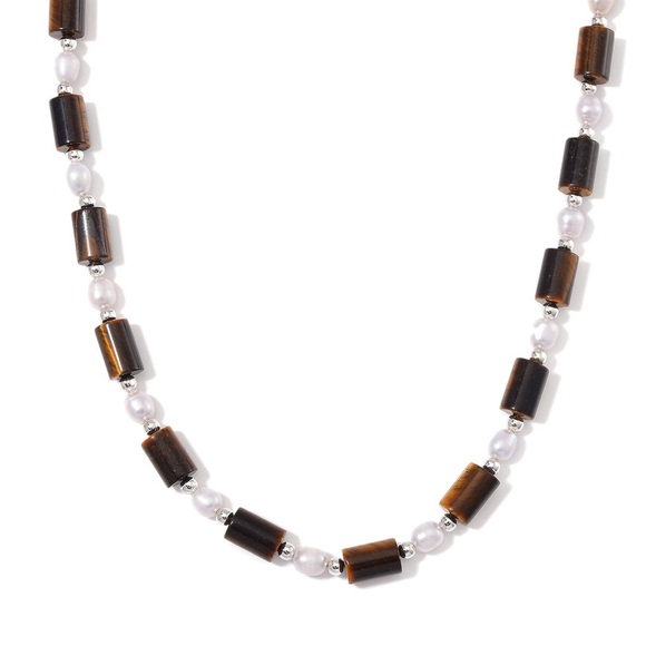 Yellow Tigers Eye 100.00 ctw and Freshwater Pearl Necklace in Silvertone - Picture 1 of 3